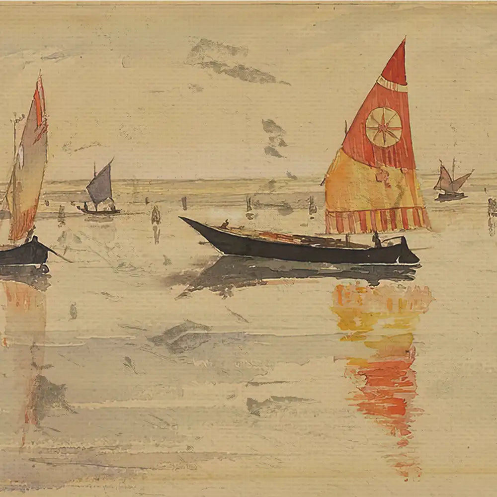 Painting of boats with colorful sails on a calm water surface reflecting the vibrant colors, set against a soft, muted backdrop.