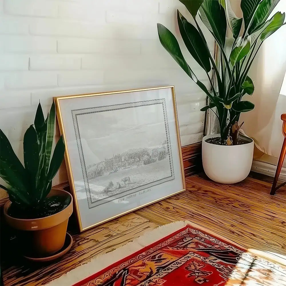 Framed black and white landscape painting titled "The North" displayed on a wooden floor beside potted plants and a colorful rug.
