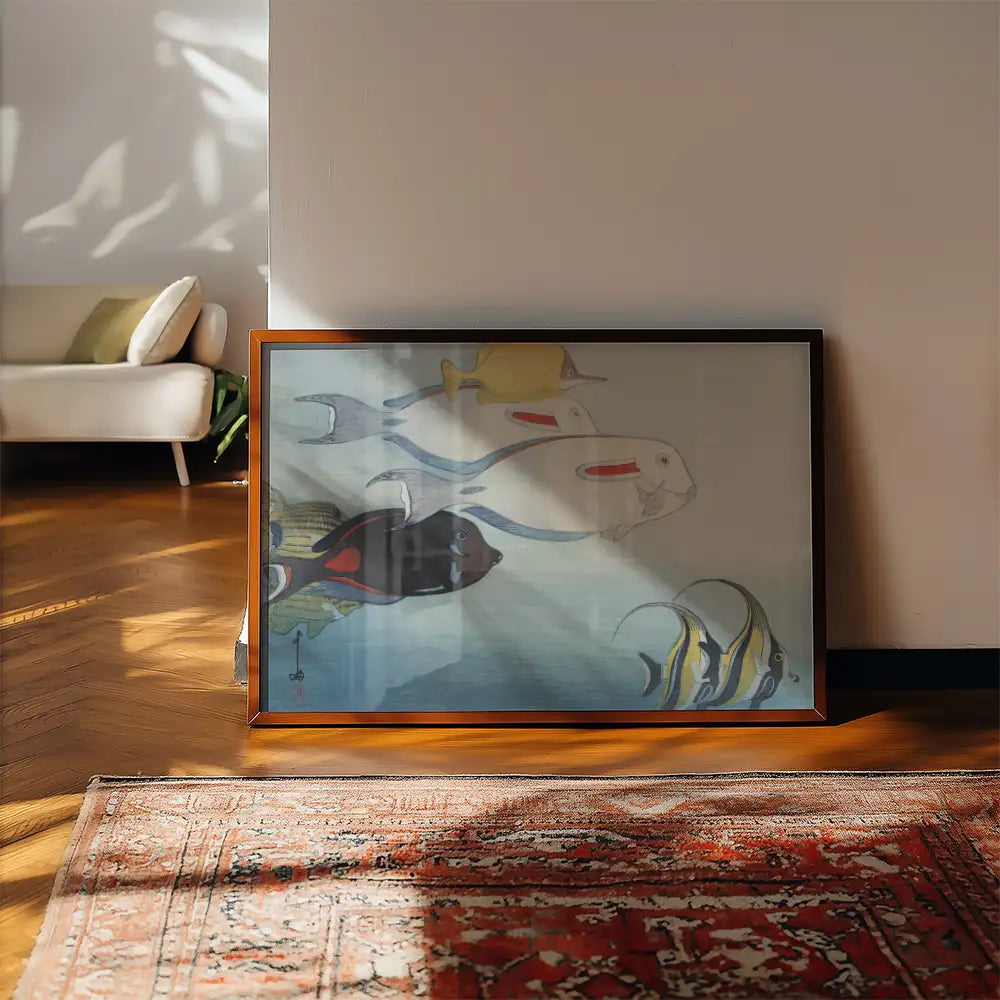 Framed painting of colorful fish displayed on a wooden floor with a patterned rug in a sunlit room.