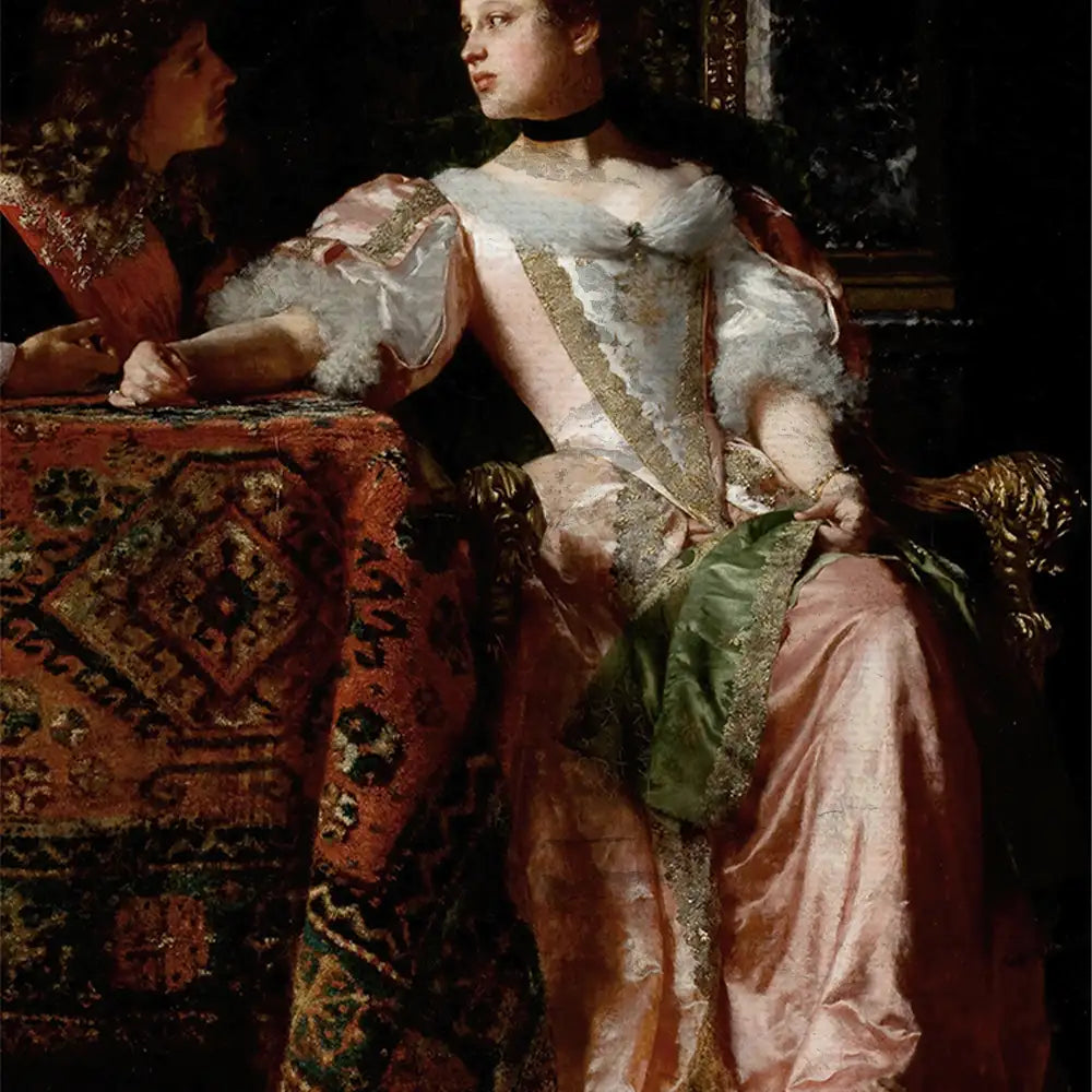 Painting of a woman in a pink gown with a green shawl sitting next to a man, featuring rich textures and intricate details on the garments and surroundings.