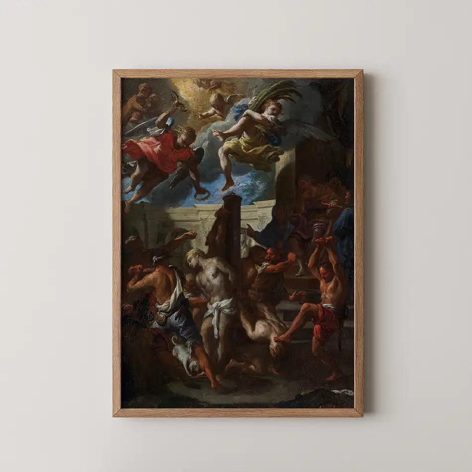 Framed painting depicting a dramatic scene with angels and figures in dynamic poses against a dark background.