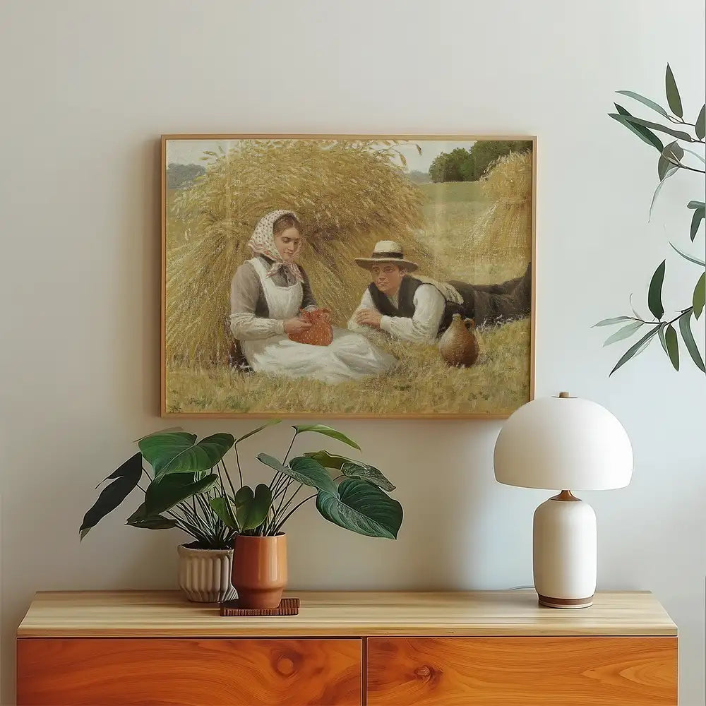 Painting of a woman and a man in a rural setting, sitting beside a haystack, with a vase in her hands, displayed in a modern living room.