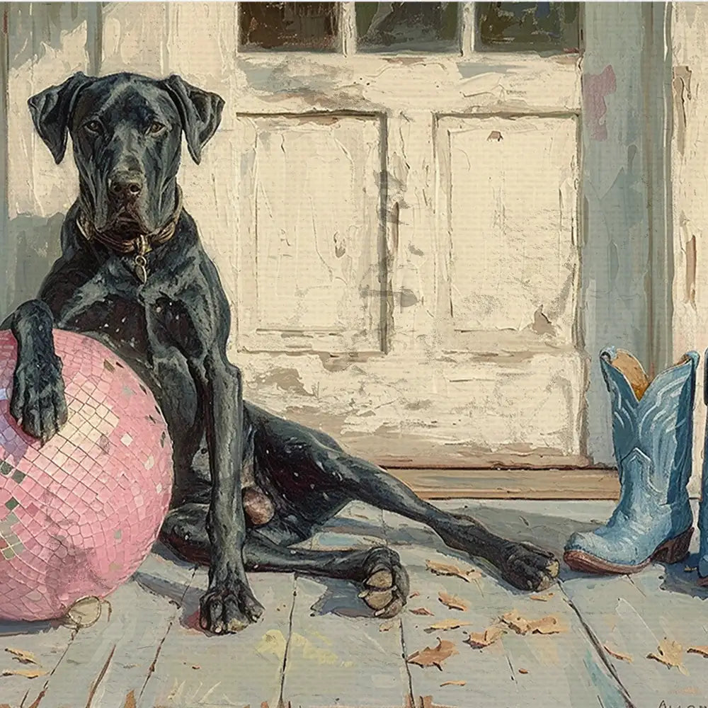 Black dog lounging with a pink disco ball and cowboy boots next to a weathered door in a charming, contemporary art print.