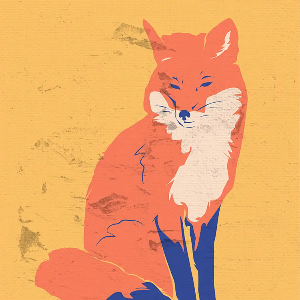 Modern art poster featuring a stylized fox illustration with a warm yellow background, perfect for animal lovers and contemporary decor.