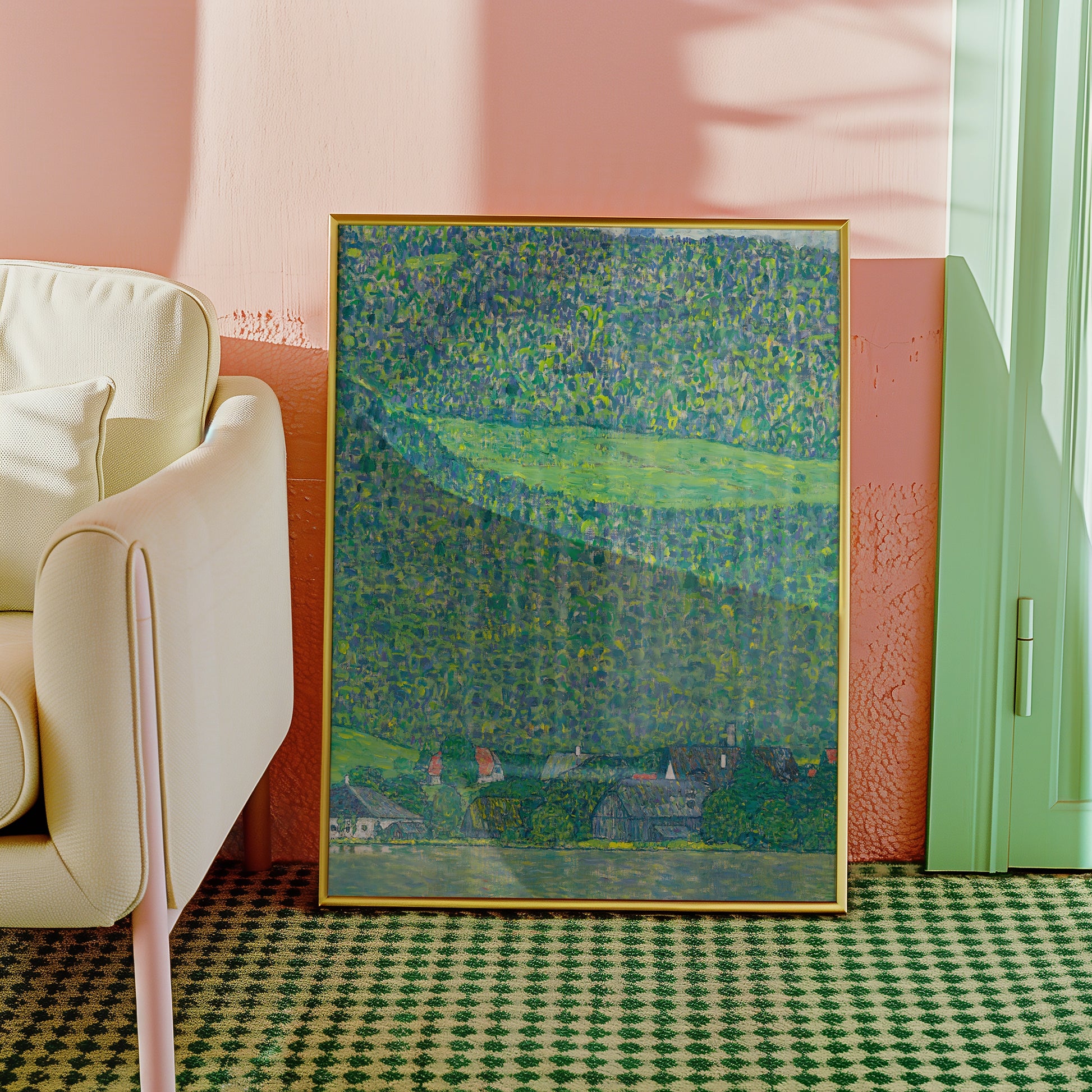 Framed abstract landscape painting featuring rolling green hills, displayed beside a modern beige sofa in a pastel-colored room.