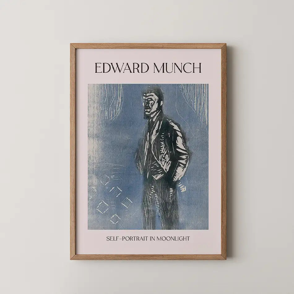 Framed poster of Edward Munch's "Self-Portrait in Moonlight," featuring a stylized blue depiction of a man in a suit against a pastel background.