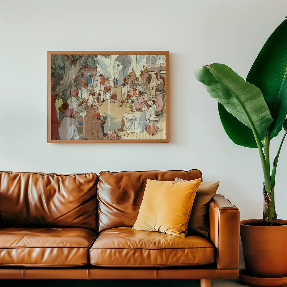 Painting of a vibrant marketplace scene framed on a wall above a brown leather couch, with a yellow pillow and a large green plant beside it.