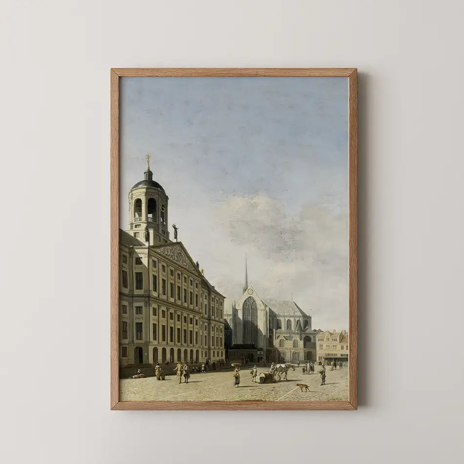 Framed painting of a historical city view depicting people, buildings, and a church under a clear blue sky.