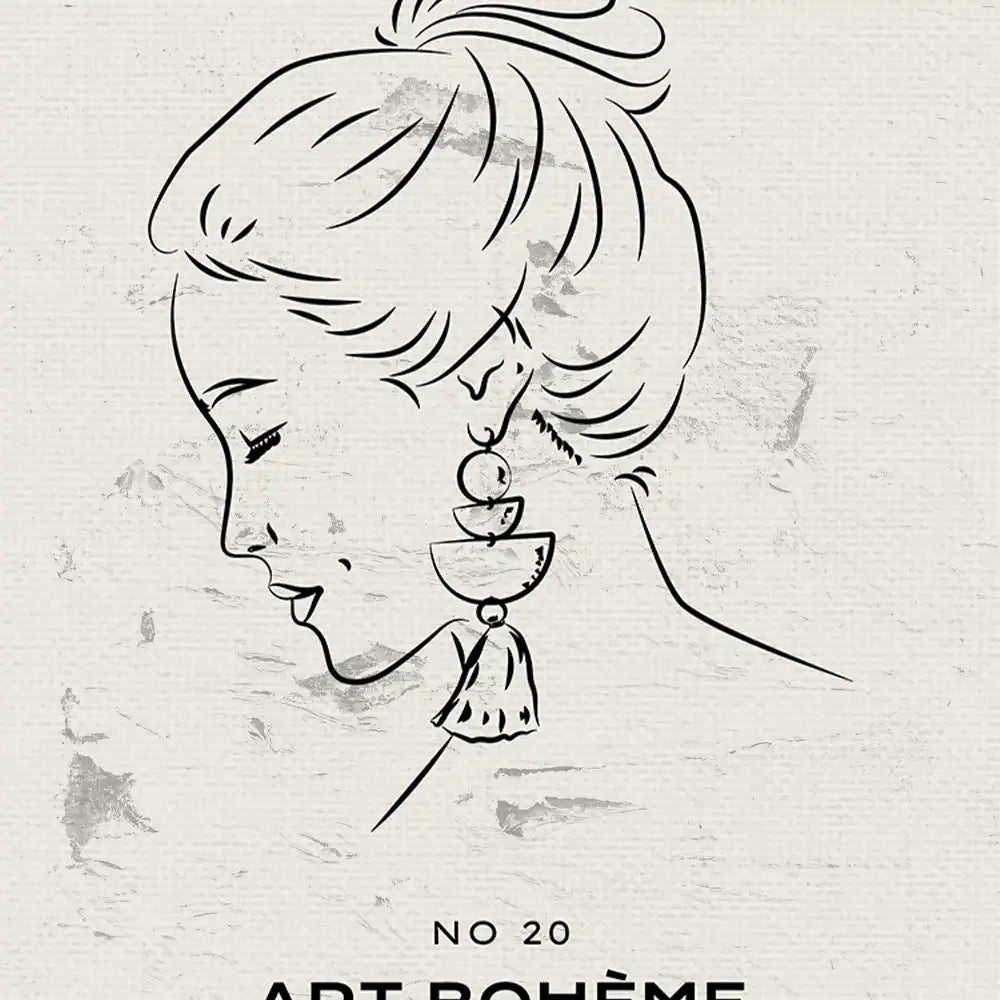 Modern minimalist poster featuring a profile of a woman with elegant earrings and a stylish bun, labeled "Art Bohème No 20."