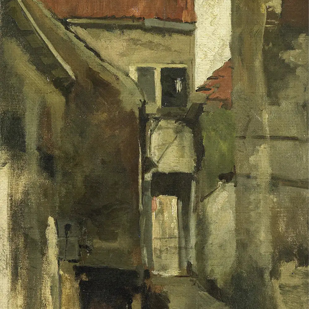 A dimly lit alleyway with buildings on either side, featuring muted colors and textured brushstrokes.