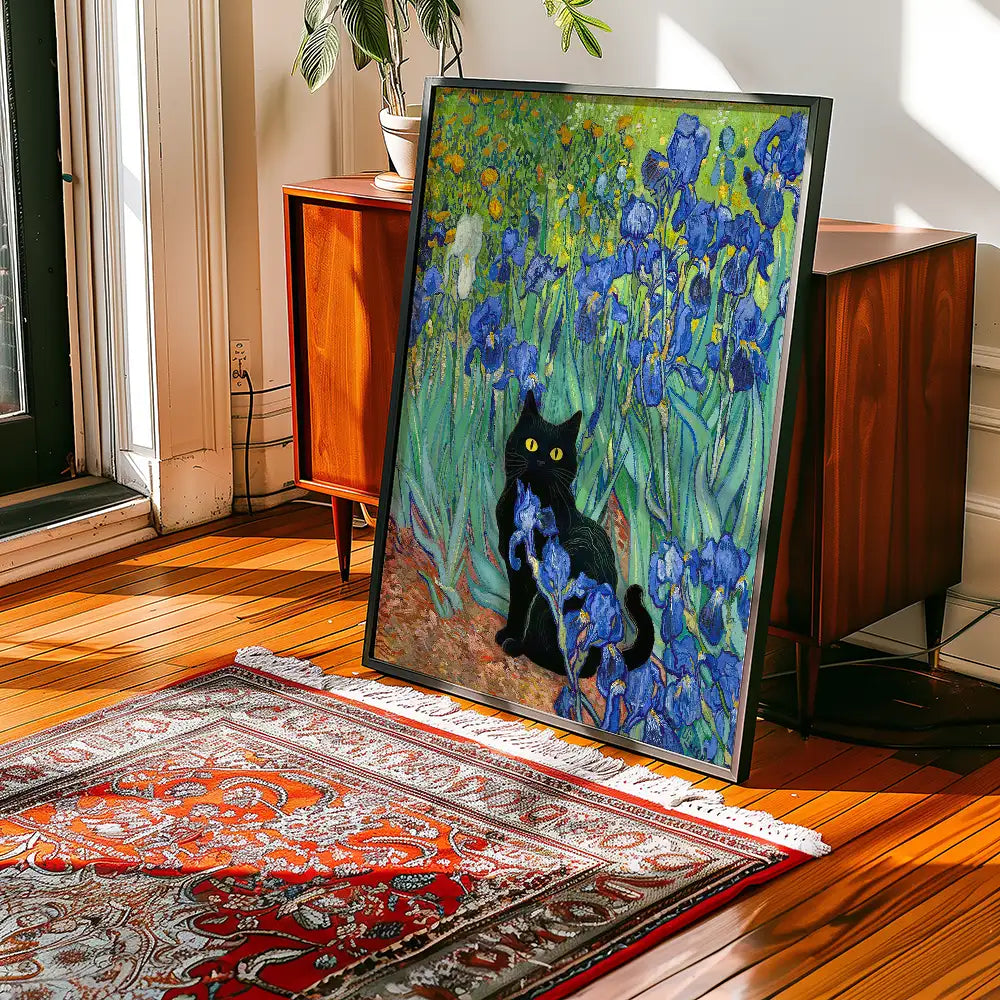 Painting of a black cat amidst blue irises, displayed on an easel in a well-lit interior setting with wooden floors and mid-century furniture.