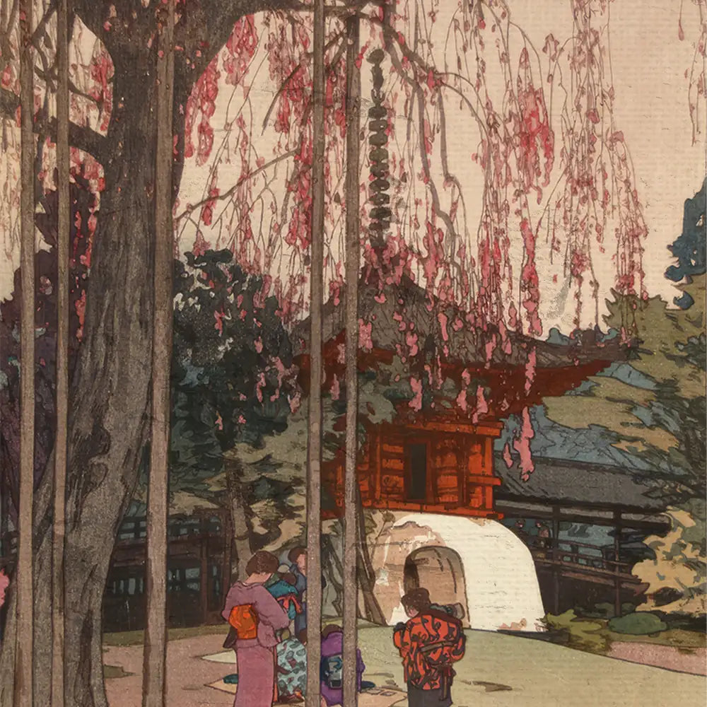A traditional East Asian art print depicting figures in colorful garments beneath a flowering tree, near a pagoda and stone archway.