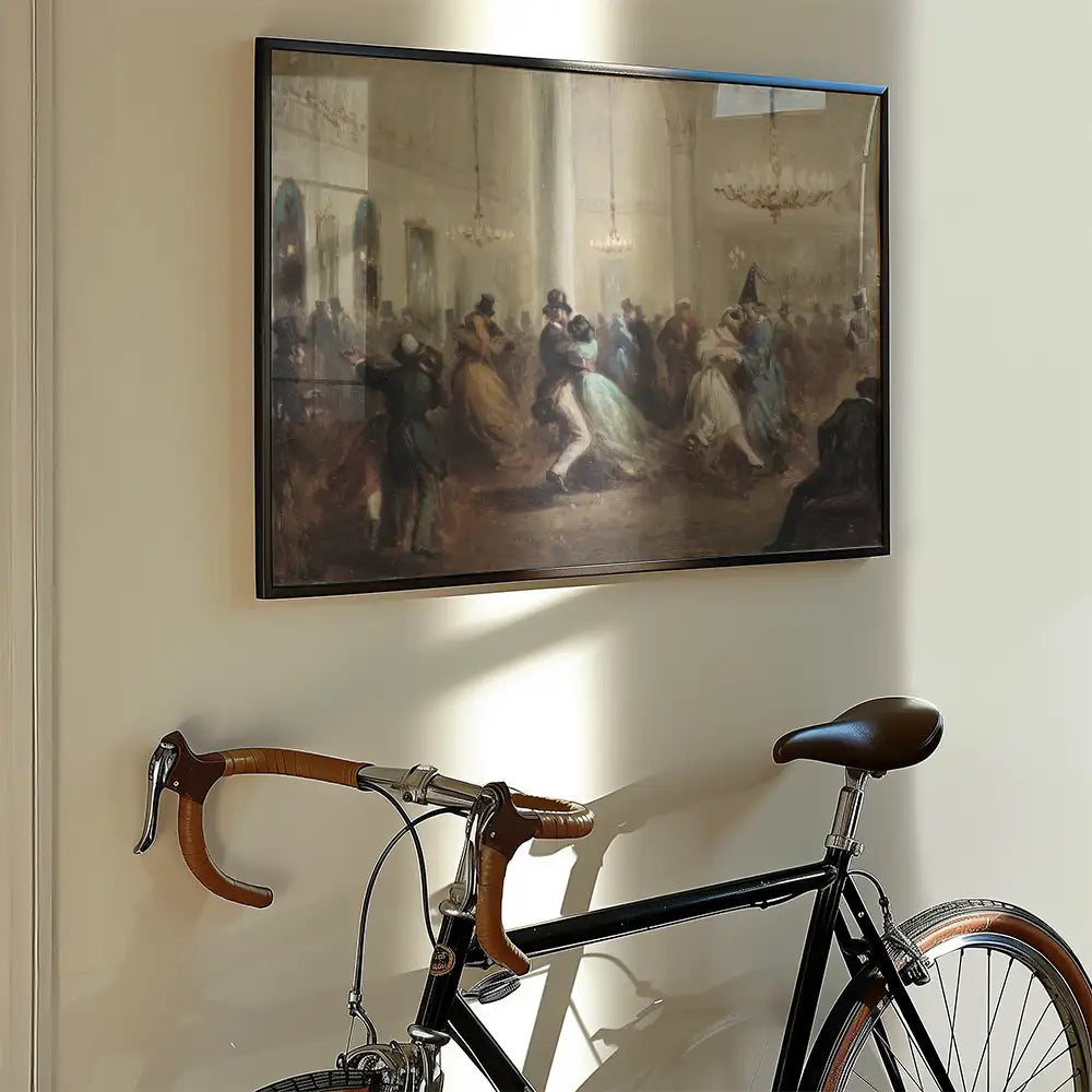 Vintage painting of a ballroom dance scene framed on a wall next to a black bicycle.