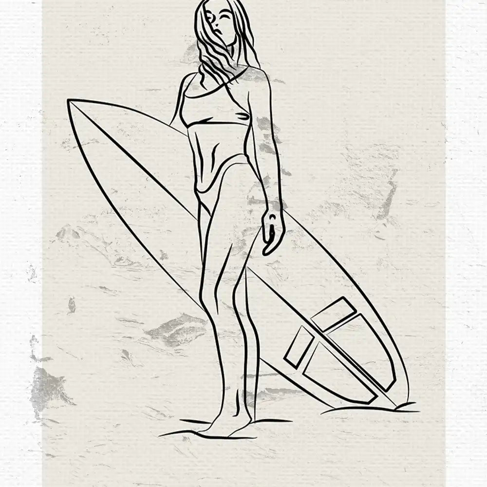 Modern minimalist art print of a stylized woman holding a surfboard, showcasing a beach aesthetic with clean lines and a neutral background.