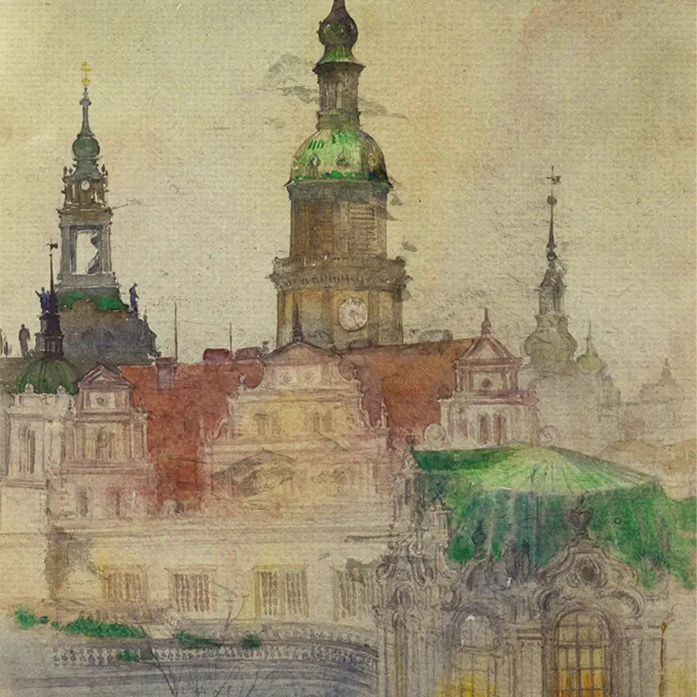 Watercolor painting of a historic city skyline featuring numerous ornate buildings with domes and spires, surrounded by a soft, misty background.