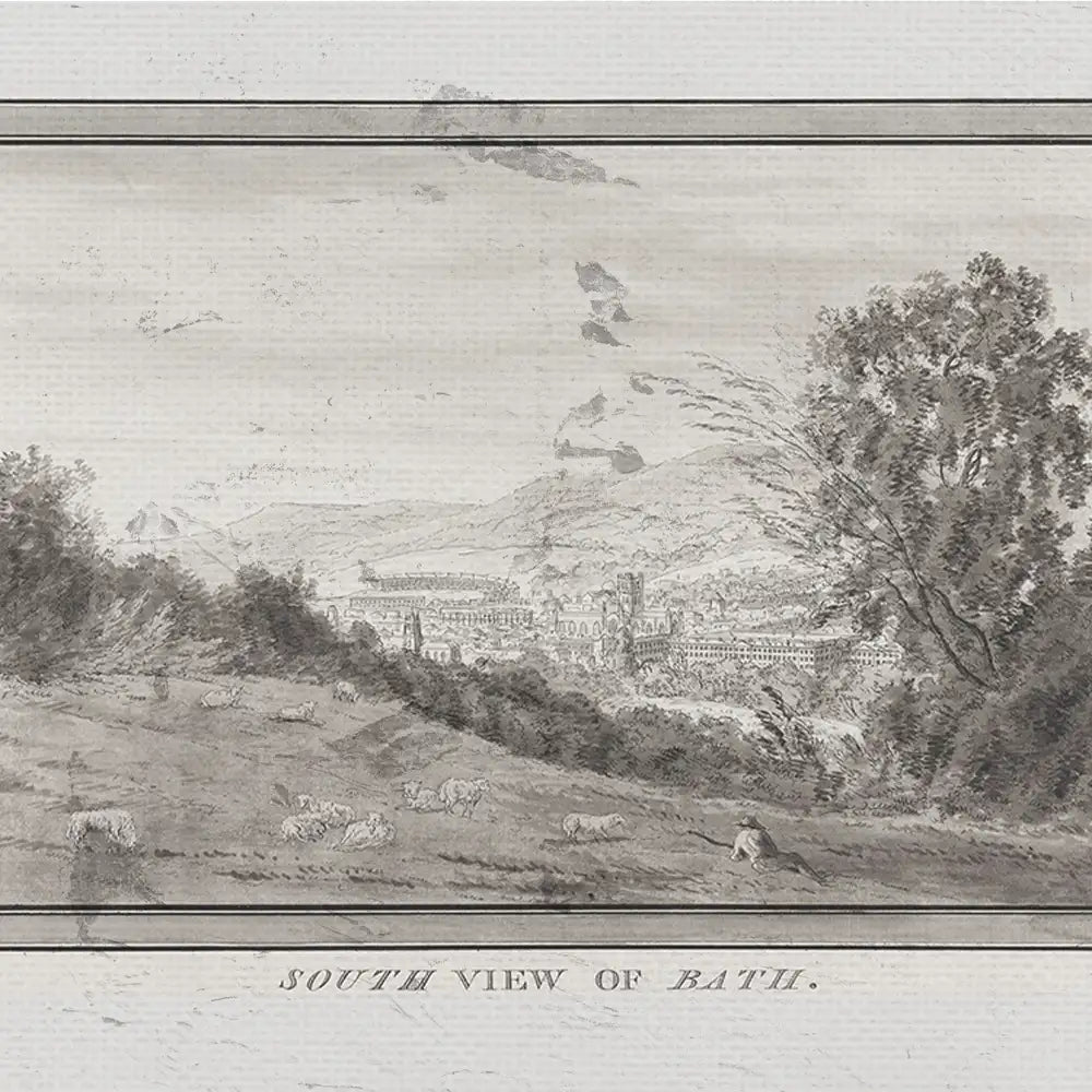 South view of Bath, showcasing a pastoral landscape with sheep grazing and historical buildings in the background.