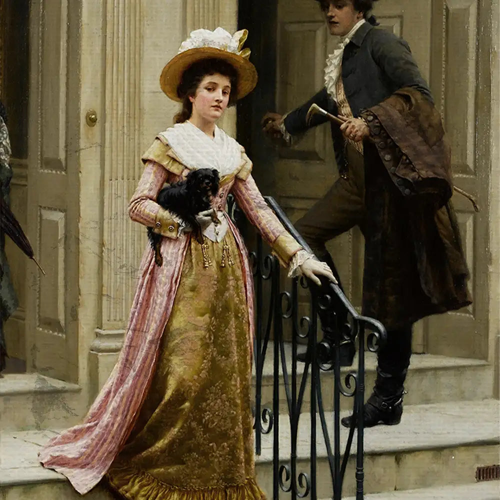 Young woman in a vintage gown holding a small black dog, standing on ornate stairs with a man partly visible in the background, artwork style reminiscent of the 19th century.