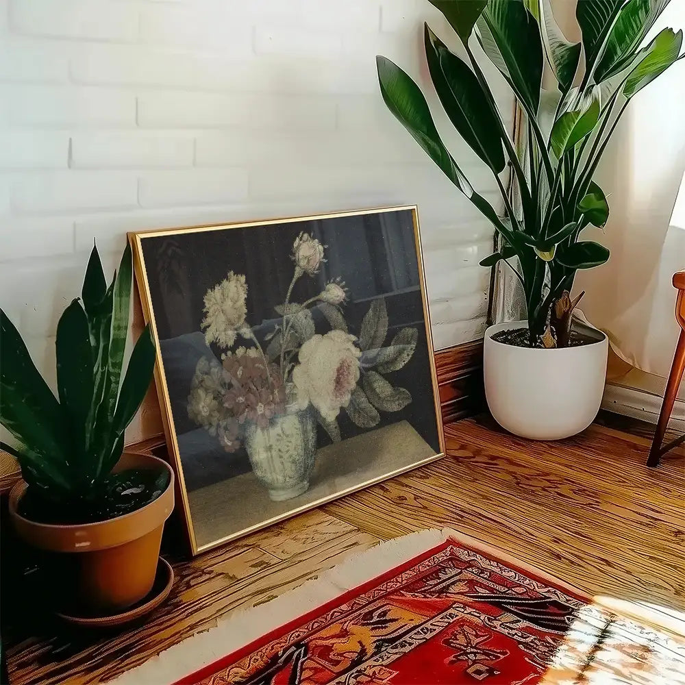 A framed painting of flowers in a vase placed beside green plants in a cozy interior setting.