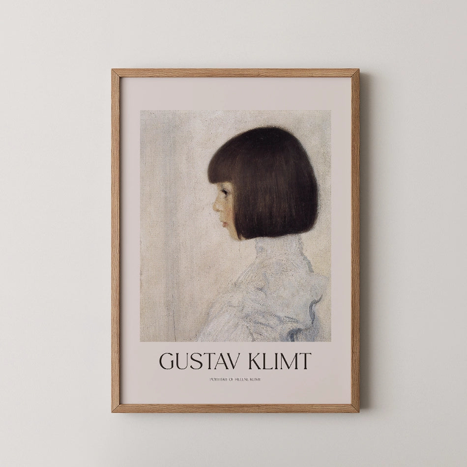 Framed painting poster by Gustav Klimt featuring a profile of a girl with a bob haircut, set against a light background.