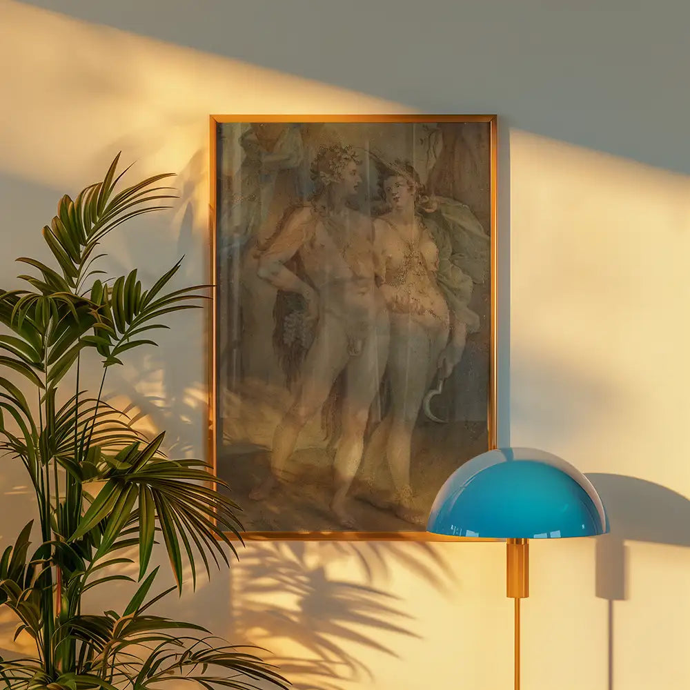 Painting of two figures in a classical style framed in wood, displayed on a wall with shadows from a plant and a modern lamp.