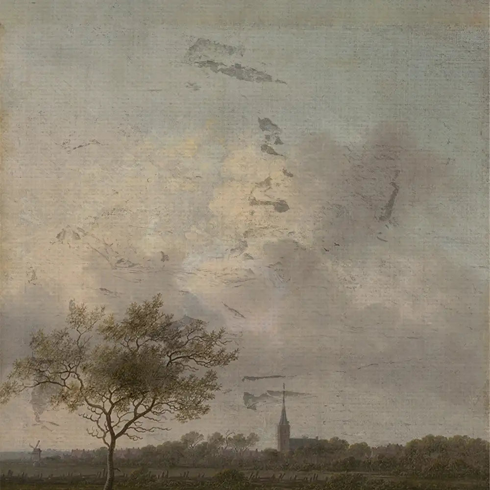 A serene landscape painting featuring a solitary tree, a church steeple in the distance, and soft clouds in a muted sky.