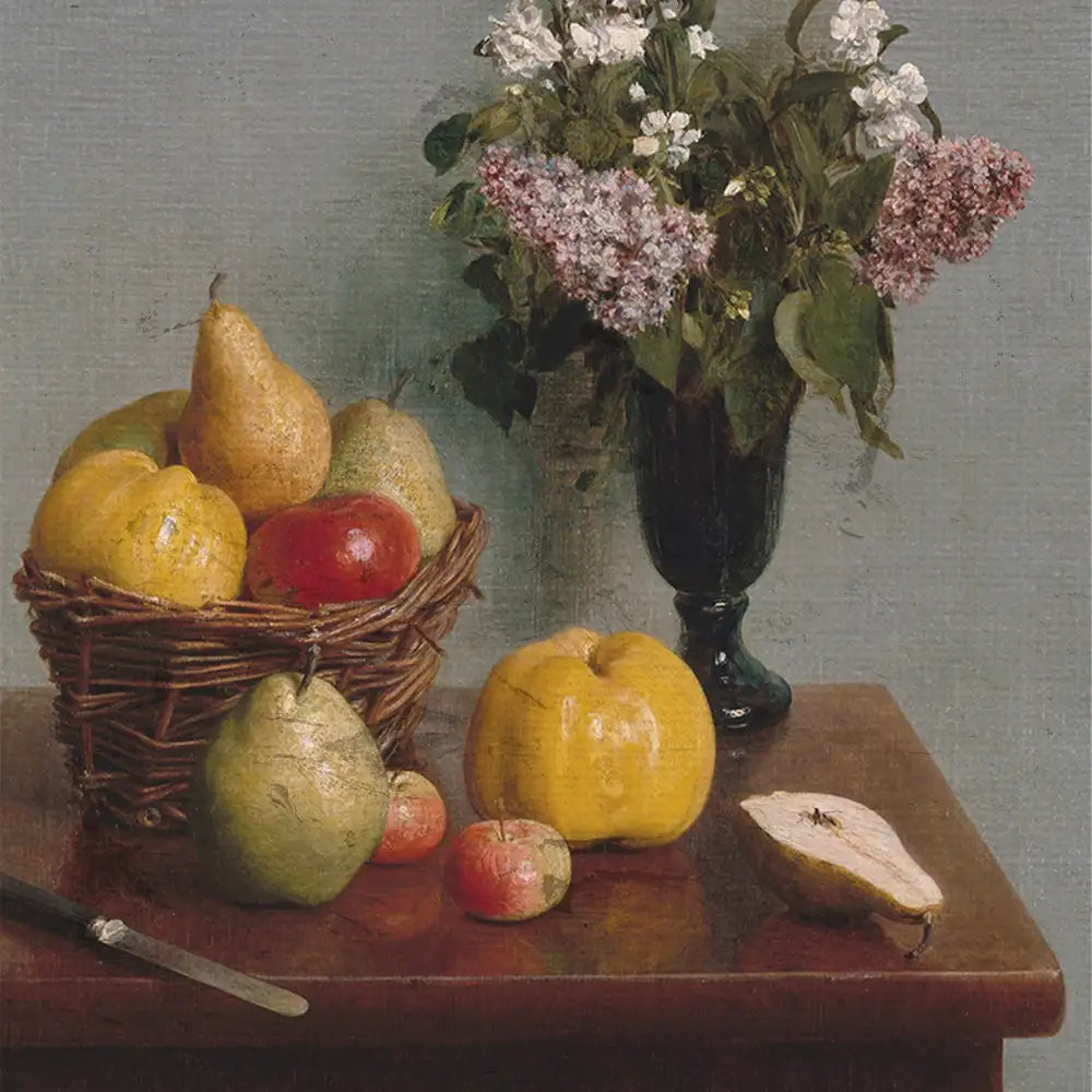 Still life painting featuring a basket of various fruits including pears, apples, and a slice of pear, alongside a vase of flowers set on a wooden table.