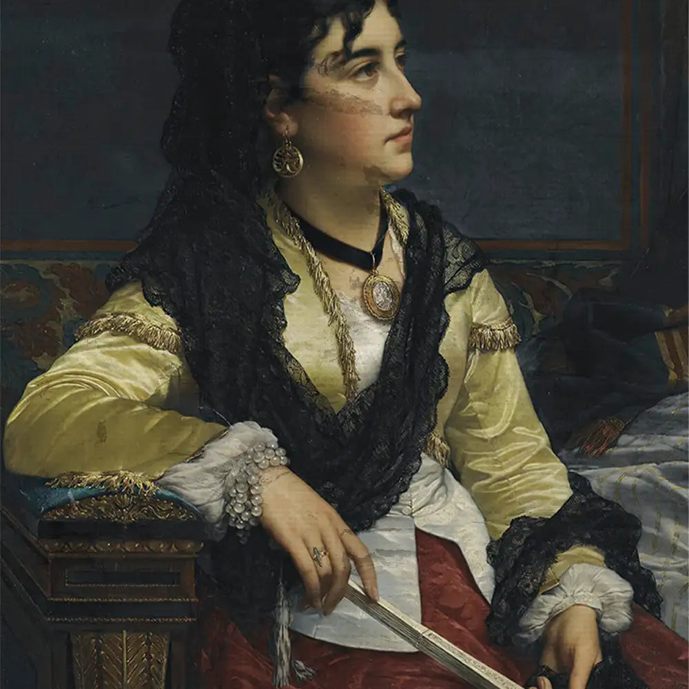 Portrait of a woman in a historical costume, adorned with jewelry and a lace shawl, seated elegantly with a sword in her hand.