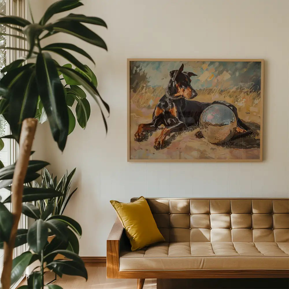 Modern art poster featuring a Doberman dog lounging next to a disco ball, perfect for contemporary home decor.