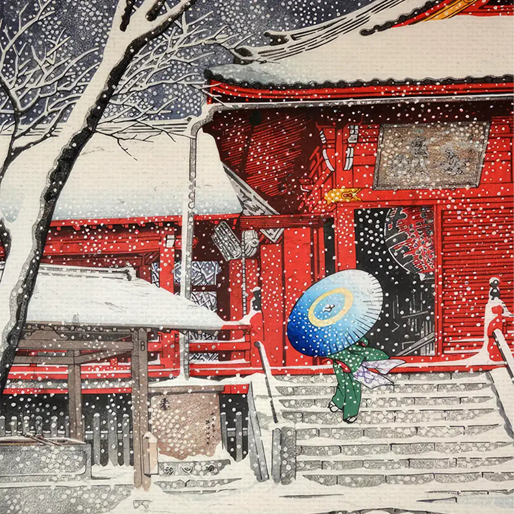 A colorful painting depicting a figure in a green kimono holding a blue umbrella, walking down snowy steps in front of a vibrant red building surrounded by snow-covered trees.