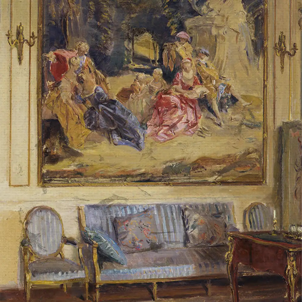 A lavishly decorated room featuring an elegant blue-striped sofa and a large painting of figures in colorful attire gathered in a serene outdoor setting.