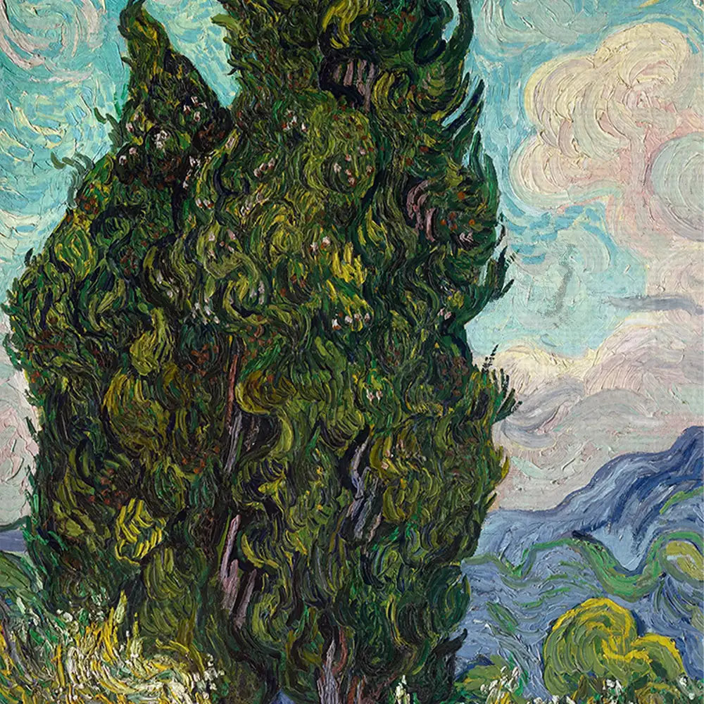 Cypress trees against a blue sky with swirling clouds, painted in rich, textured brushstrokes.