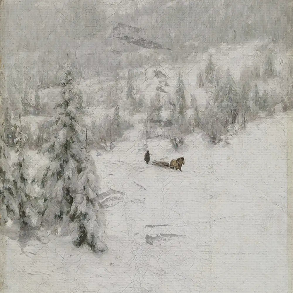 A serene winter landscape painting depicting a person walking with a horse through a snowy forest, surrounded by pine trees and a muted, foggy backdrop.