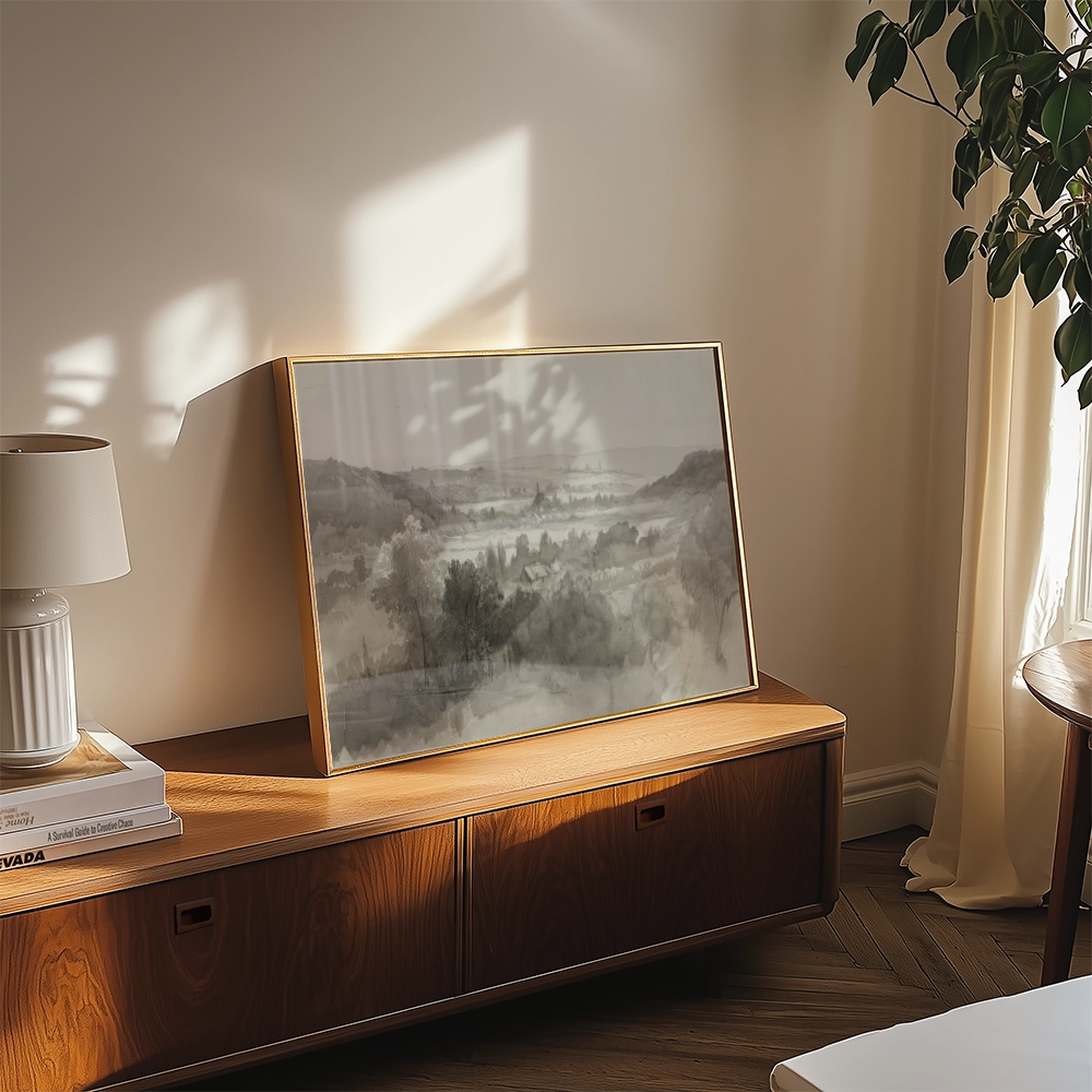 Framed landscape painting displayed on a wooden table with soft lighting and a table lamp nearby.