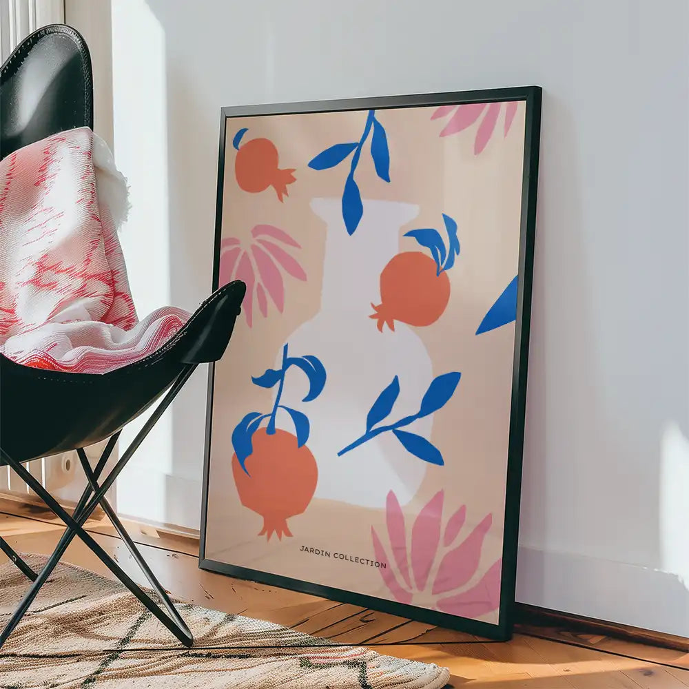 Modern abstract poster featuring colorful fruit and foliage design, framed and leaning against a wall in a stylish interior setting.