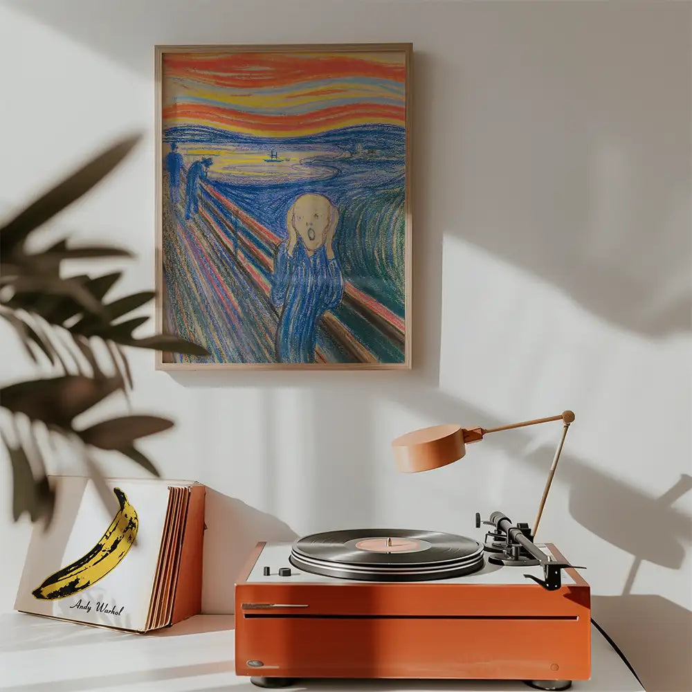 Painting of "The Scream" by Edvard Munch displayed on a wall above a vintage record player and a stack of albums.