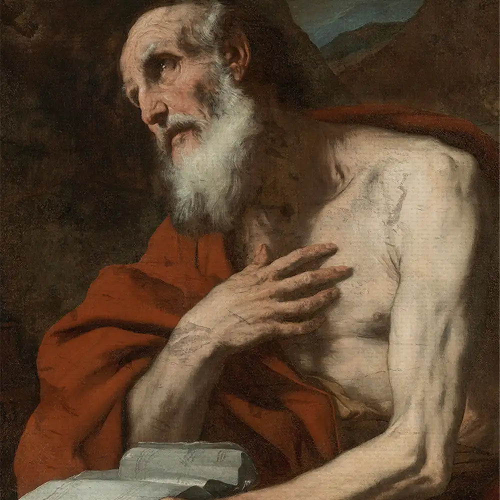 Painting of a solemn elderly man with a beard, draped in a red cloak, holding a book while gazing thoughtfully to the side.