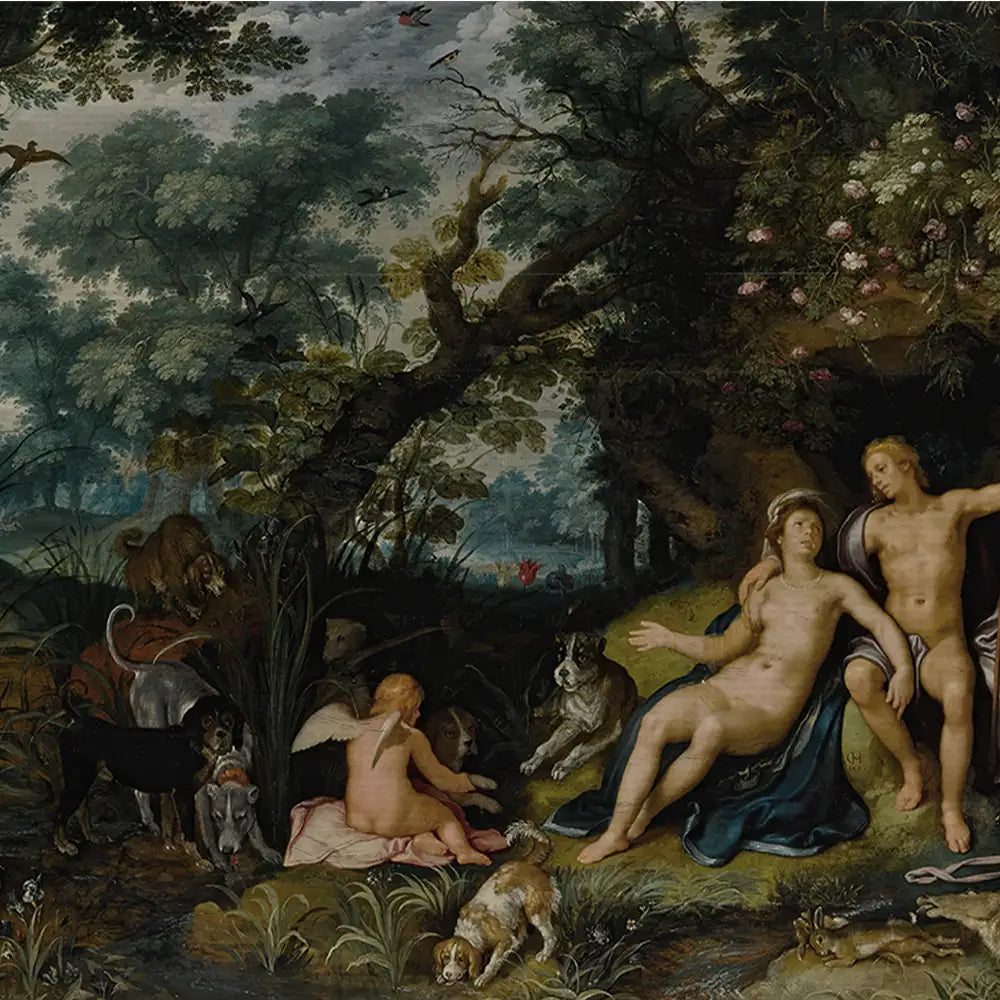 A classical painting depicting two nude figures seated in a lush natural setting surrounded by various animals, including dogs and a lion, with rich greenery and a serene atmosphere.