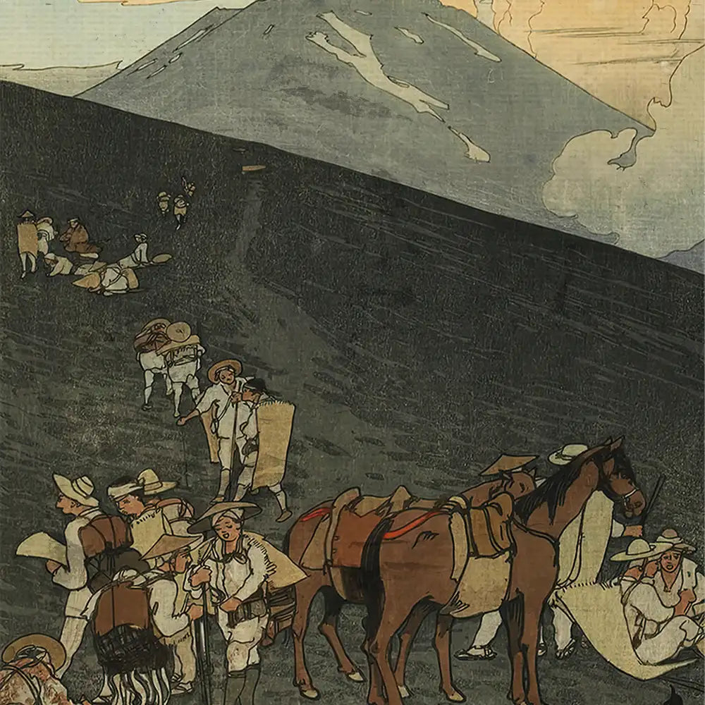 A vintage-style painting depicting a group of people, both on foot and on horseback, traveling up a dark, sloped landscape with a mountain backdrop under a cloudy sky.