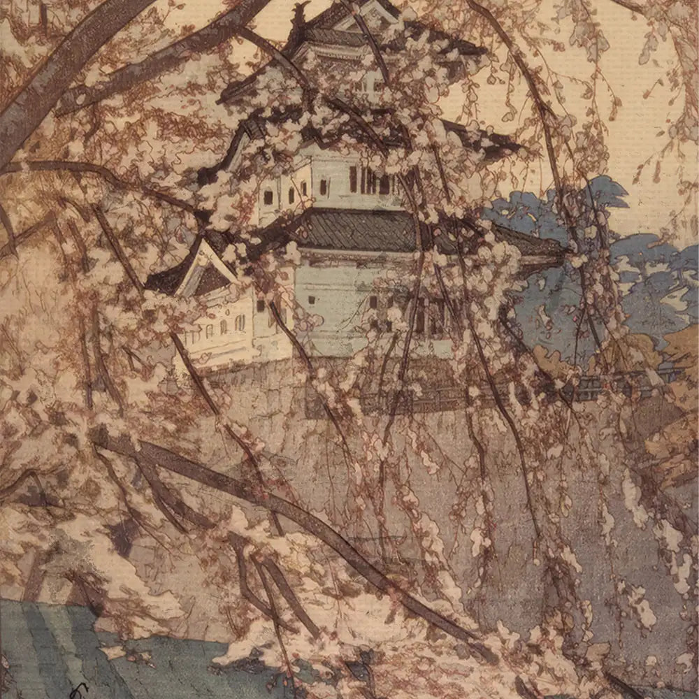 A serene landscape painting featuring a traditional Japanese castle surrounded by cherry blossom trees in full bloom.