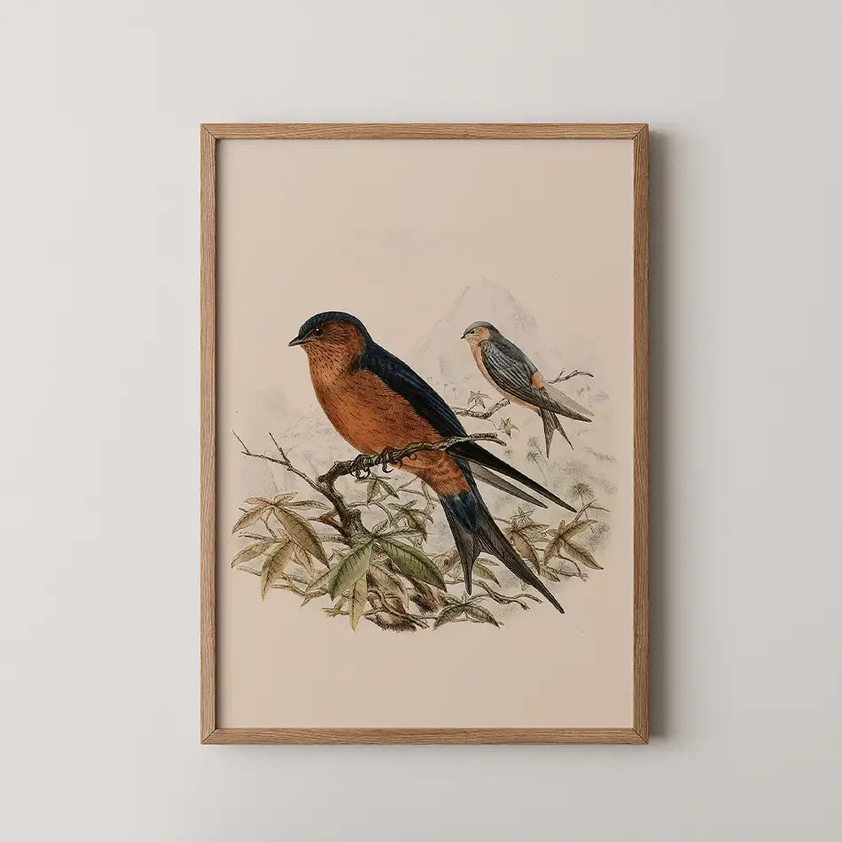 Bird painting in an oak frame featuring a swallow perched on a branch with leaves, showcasing detailed colors and textures.