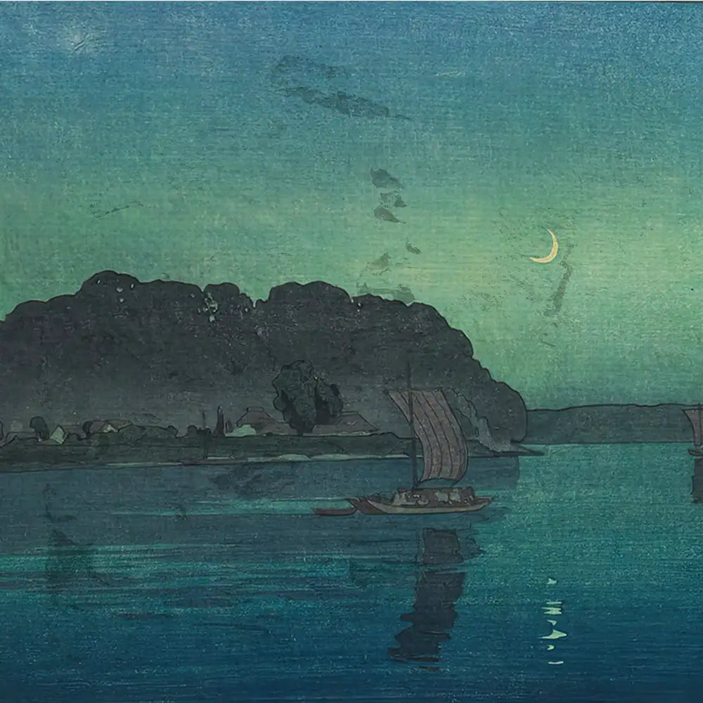 Serene night landscape painting featuring boats on calm water under a crescent moon and a gradient sky of blues and greens.