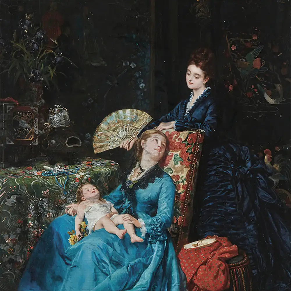 Painting of two women in elegant dresses, one holding a fan, with a child in the lap of the woman in blue, surrounded by decorative furniture and floral motifs.