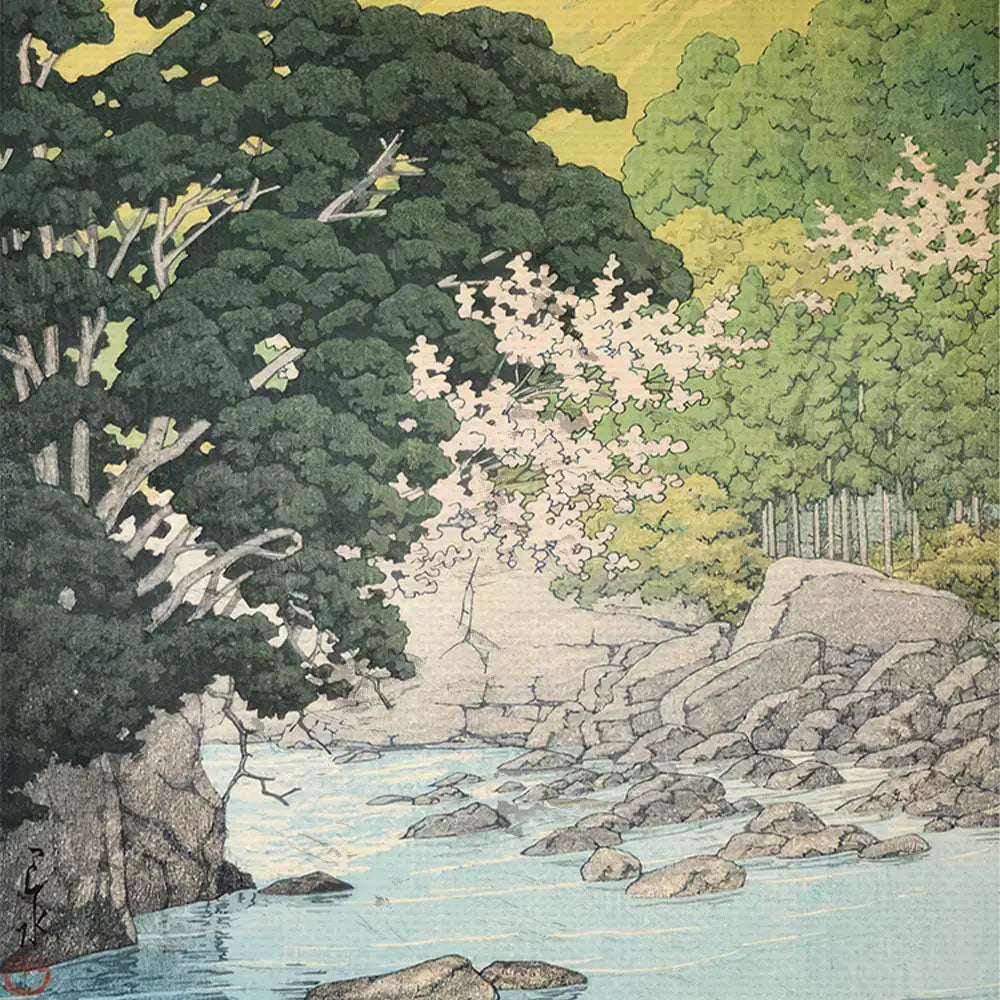 A serene landscape painting featuring a river, rocky banks, and lush green trees with pink blossoms under a golden sky.