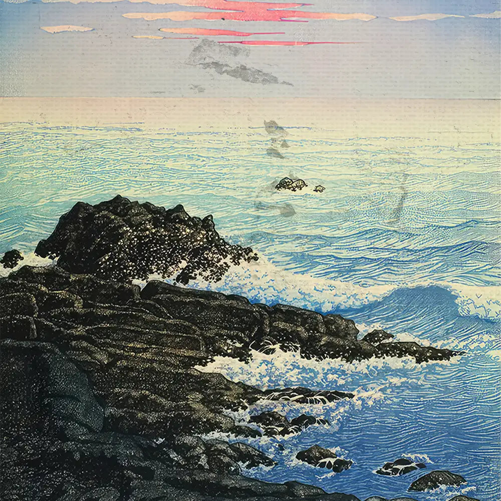 A serene coastal landscape painting featuring rocky shores, gentle waves, and a pastel sky at sunset.