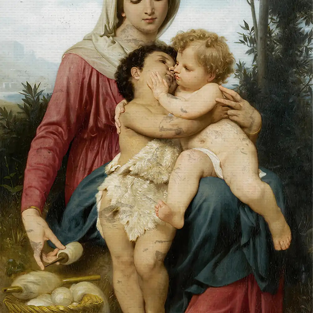 Depiction of a mother holding two cherubic children, one with curly blonde hair and the other with dark hair, set in a pastoral background.