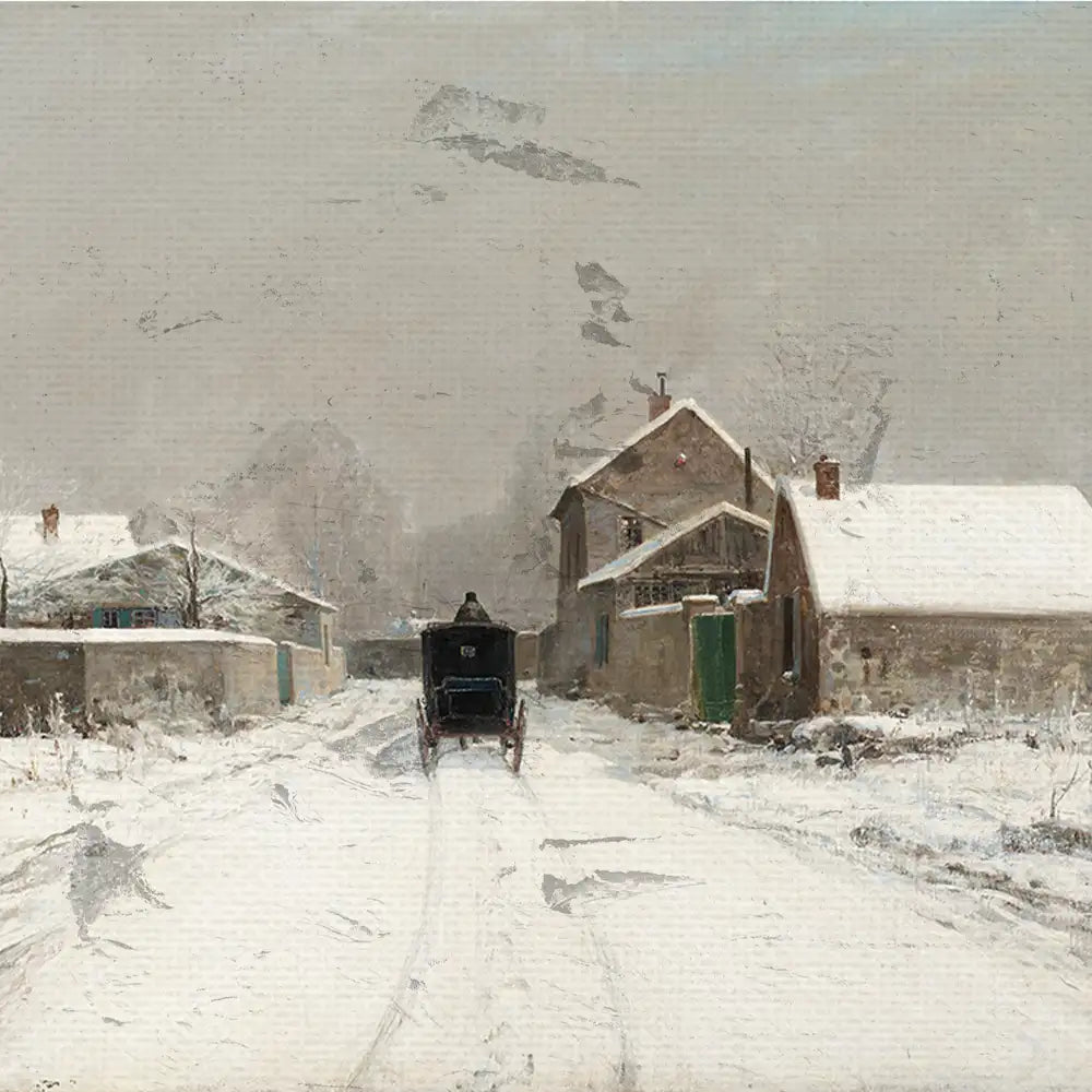 Snow-covered village scene with a horse-drawn carriage on a quiet road, surrounded by rustic buildings and a gray sky.