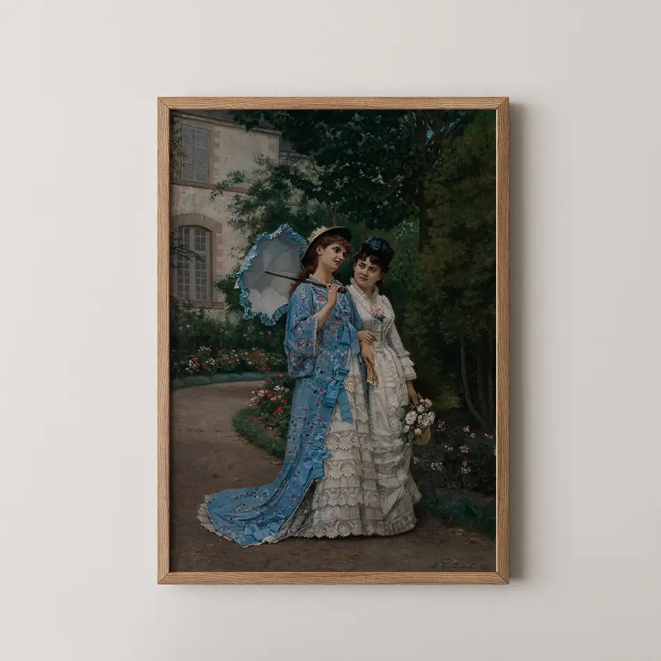 Framed vintage painting of two women in elegant dresses walking in a garden, one holding an umbrella and the other carrying flowers.