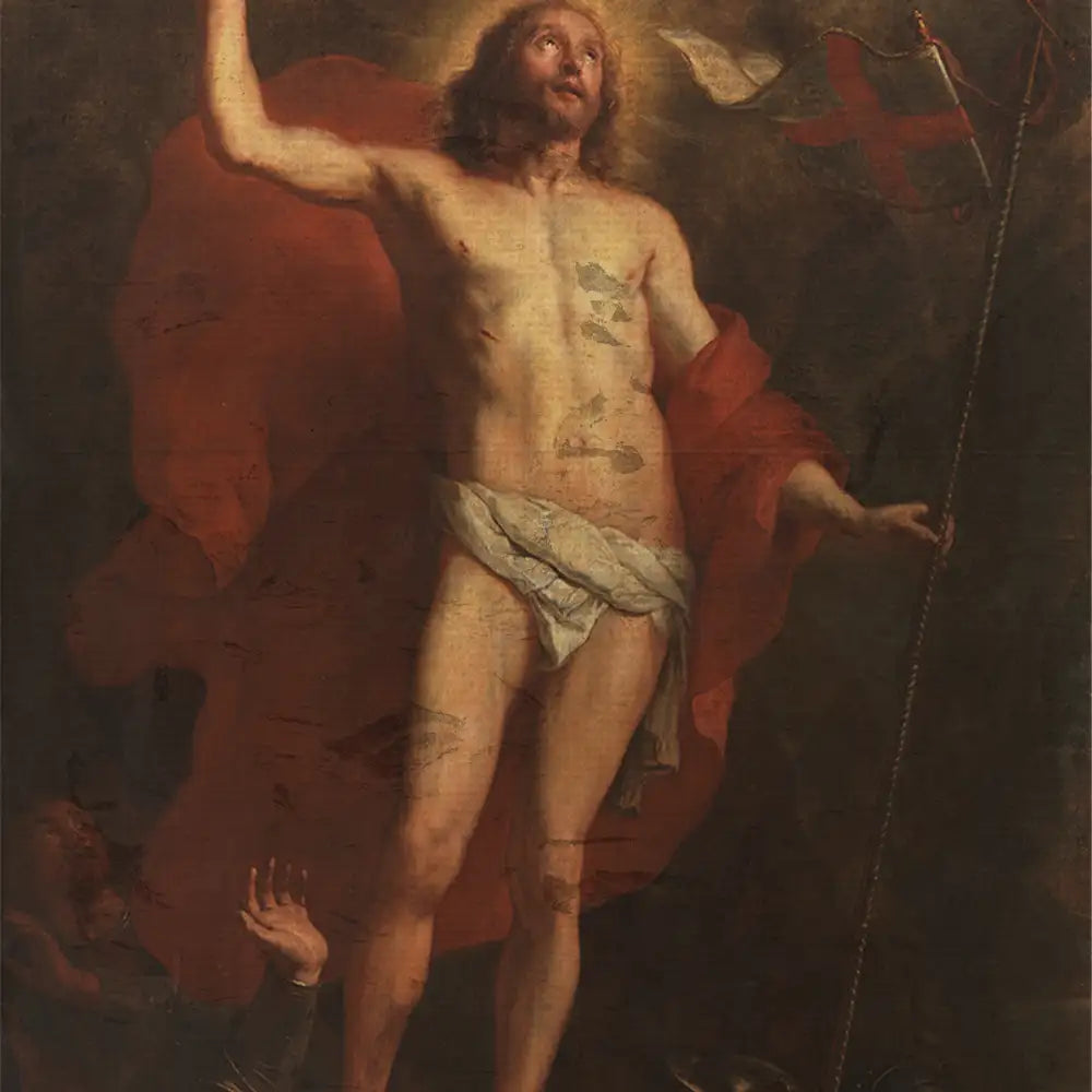 Risen Christ painting with a red robe and a white cloth, depicting a triumphant figure against a dark background.