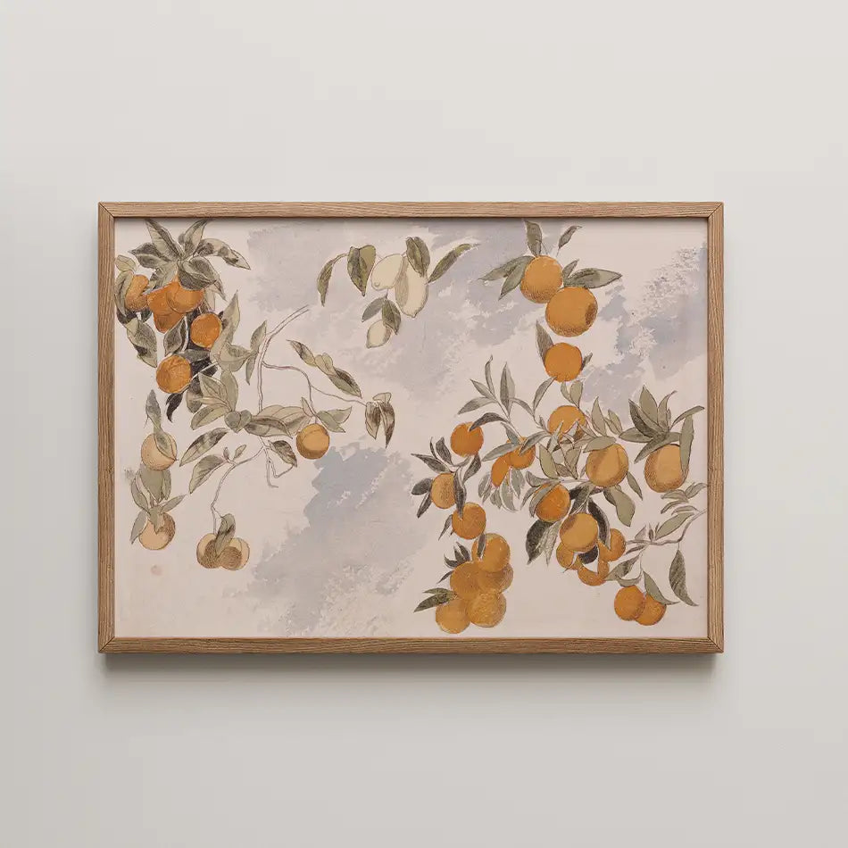 Framed painting of orange fruit and leaves on a textured light background.