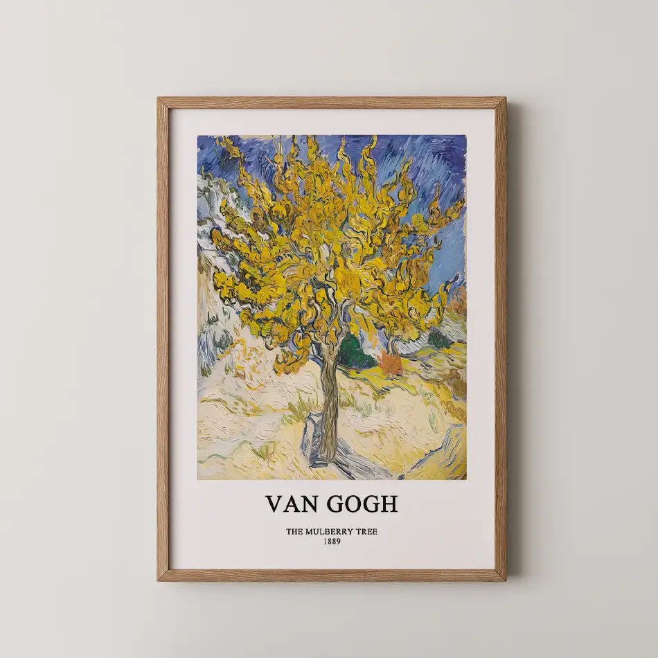 Framed painting of Vincent van Gogh's "The Mulberry Tree," featuring a vibrant yellow tree against a blue sky, 1889.